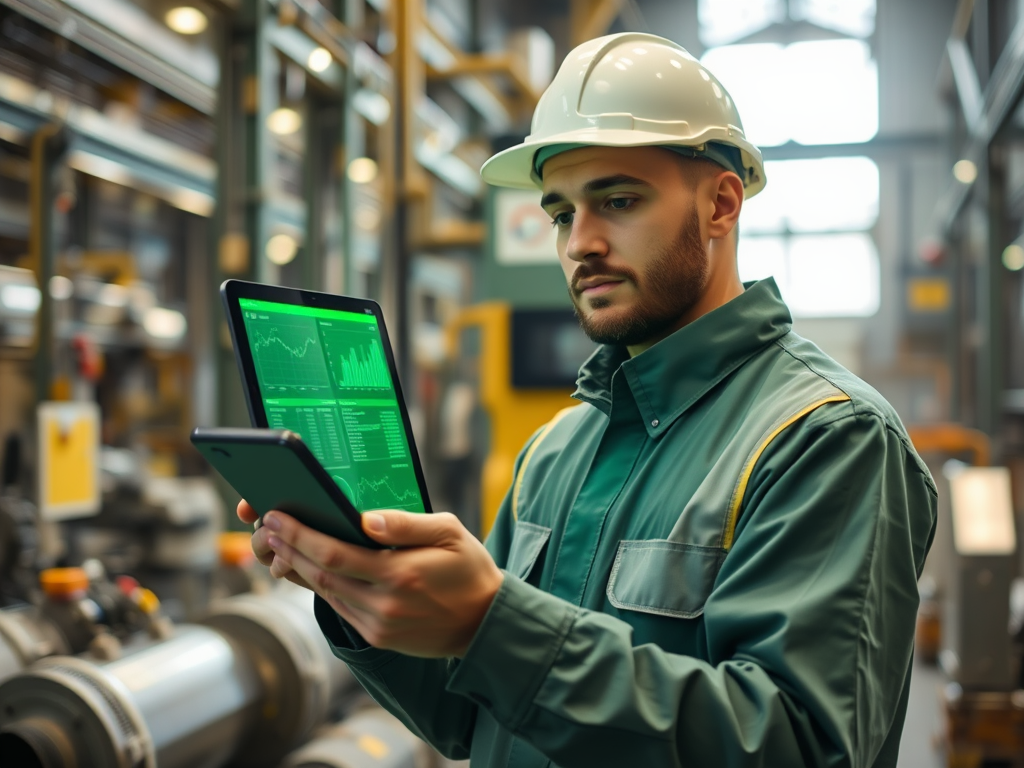 A worker in a hard hat examines data on a tablet in an industrial setting filled with machinery.