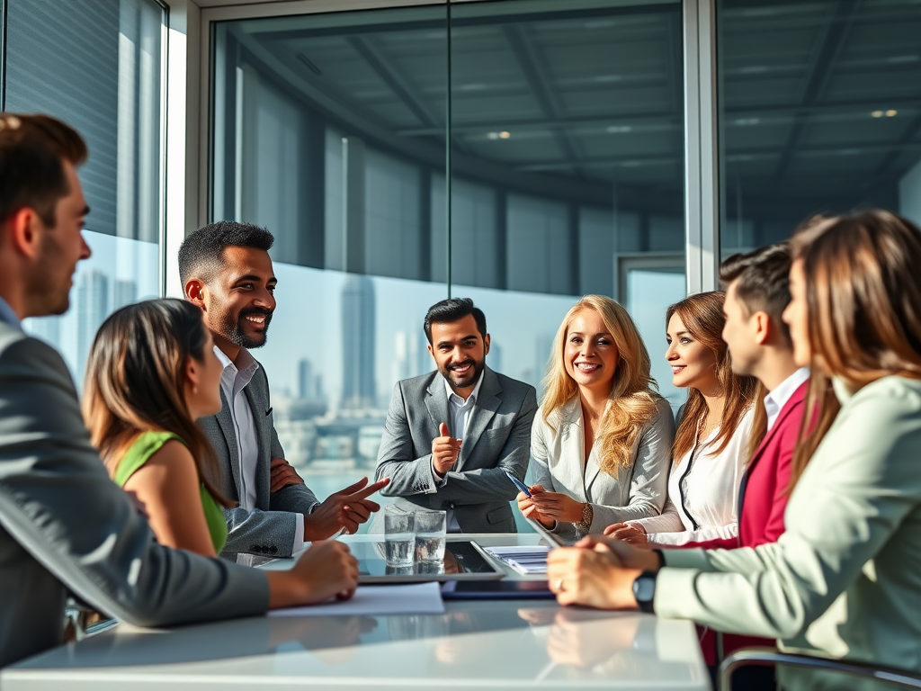 A diverse group of professionals engaged in a lively discussion around a conference table with city views.