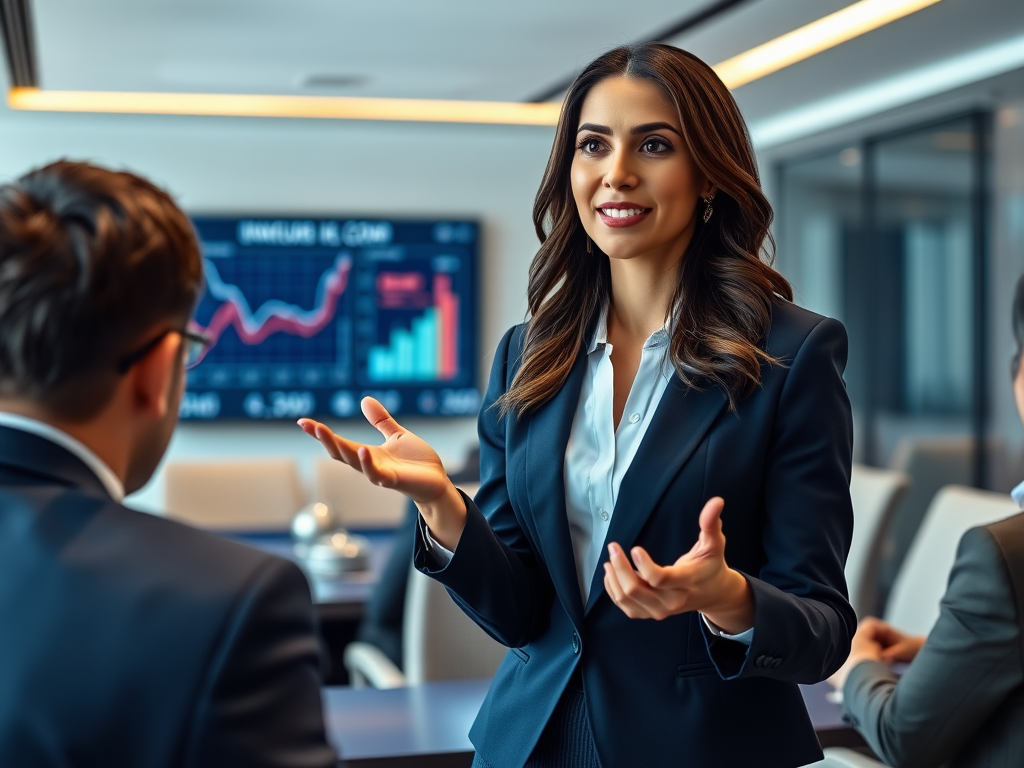 A businesswoman presents ideas to colleagues in a modern office, with graphs displayed on a screen behind her.