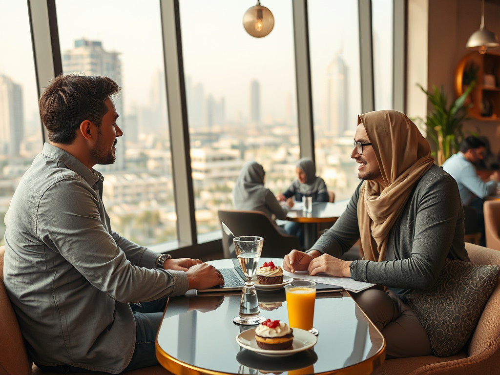 A man and woman chat at a café, enjoying desserts and drinks, with a city skyline visible through large windows.