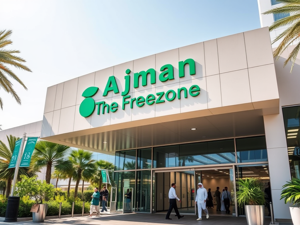 Entrance of Ajman Freezone with modern architecture and palm trees, showcasing the company name and logo.