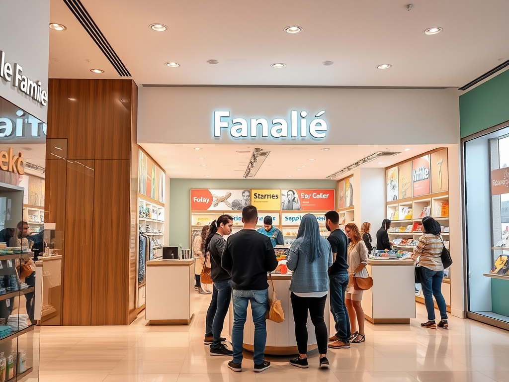 A group of people gathers around a counter in a brightly lit store named "Fanalie," browsing various products.