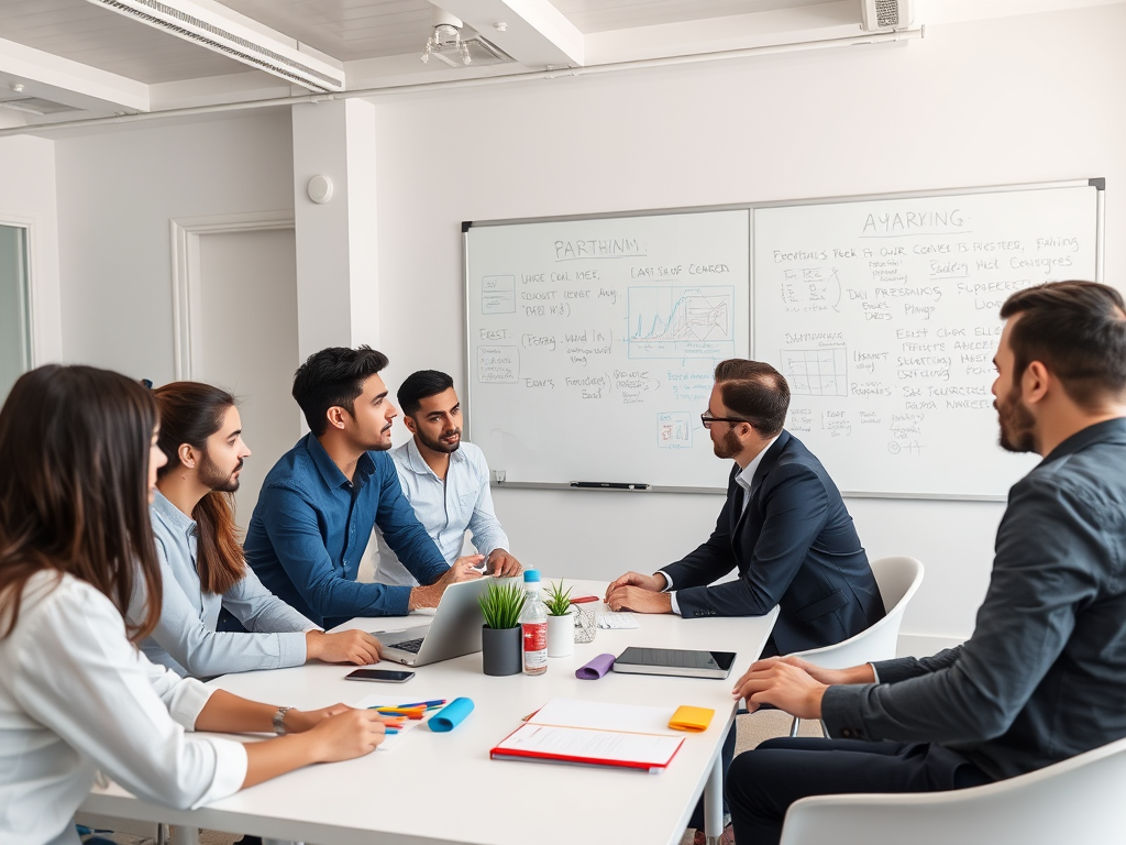 A group of professionals engaged in a discussion around a conference table, with whiteboards in the background.