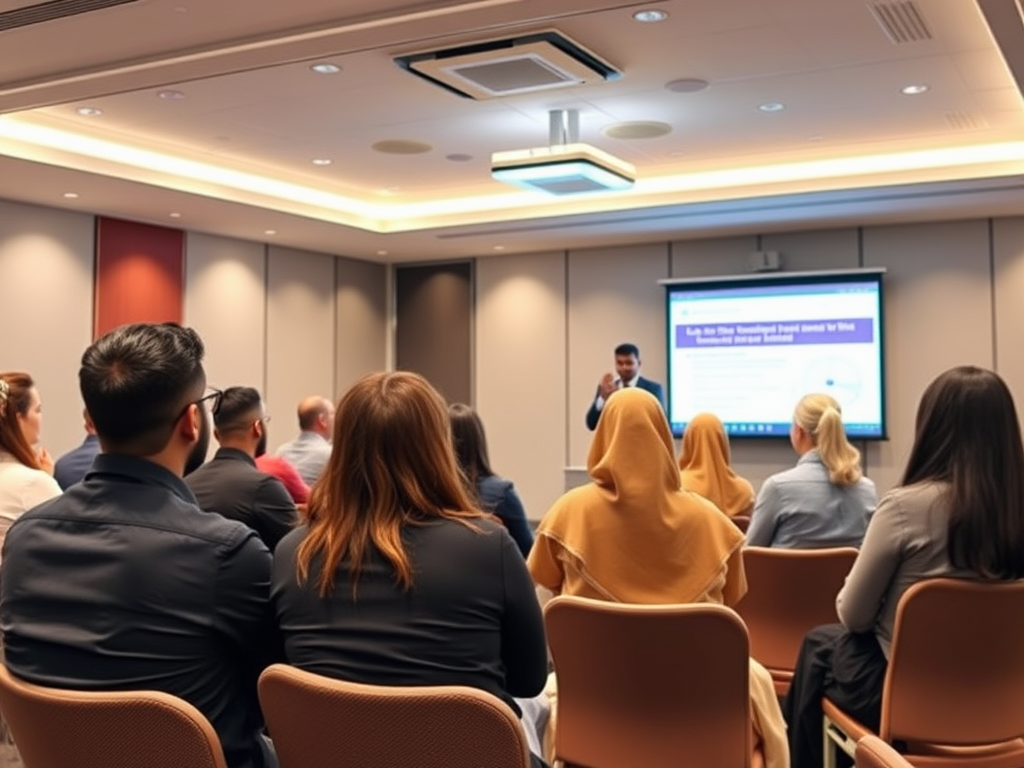 A group of people seated in a conference room, attentively listening to a speaker presenting on a screen.