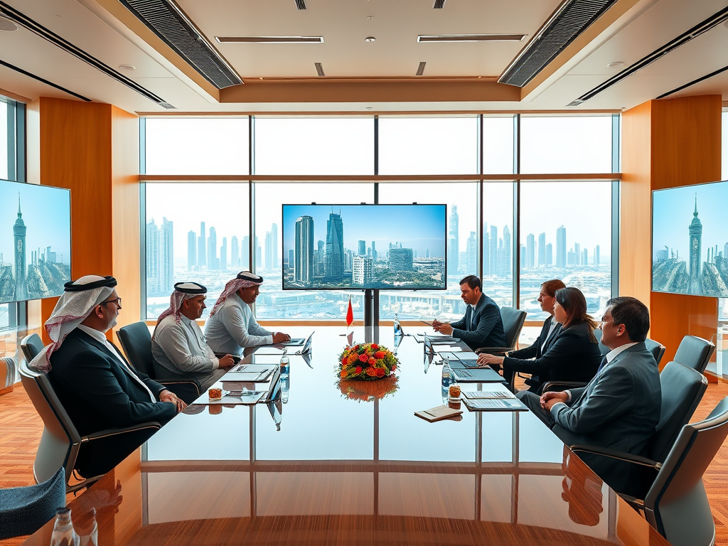 A modern conference room with business professionals discussing over a table, large screens displaying city views.