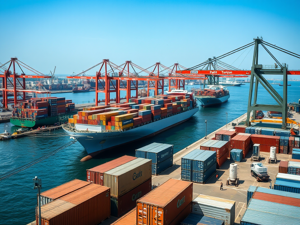 A busy port scene with large cargo ships, colorful shipping containers, and cranes under a clear blue sky.