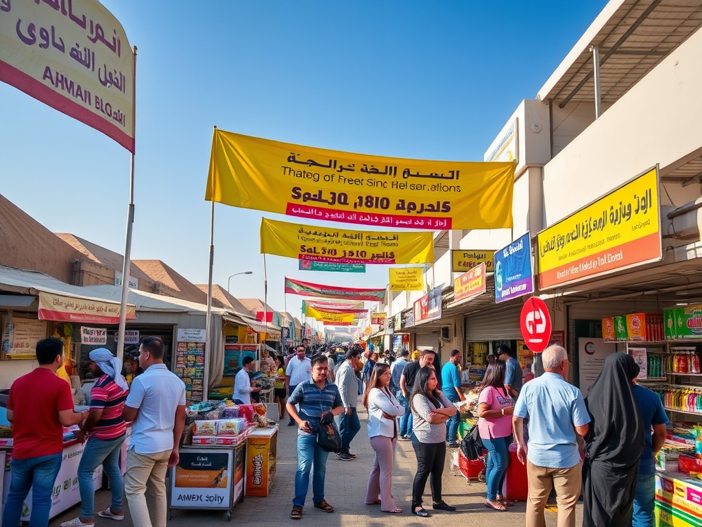 A busy market street filled with people, colorful banners, and various stalls displaying goods under a clear blue sky.