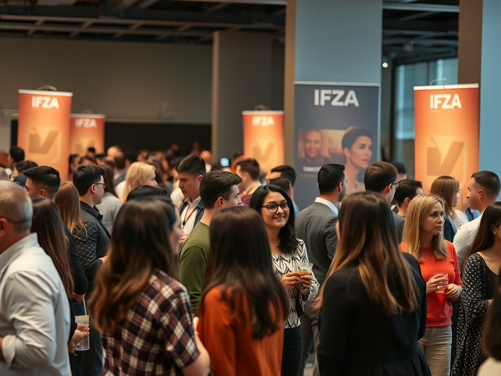 A crowd of people mingling at an event with IFZA banners in the background, engaging in conversation.