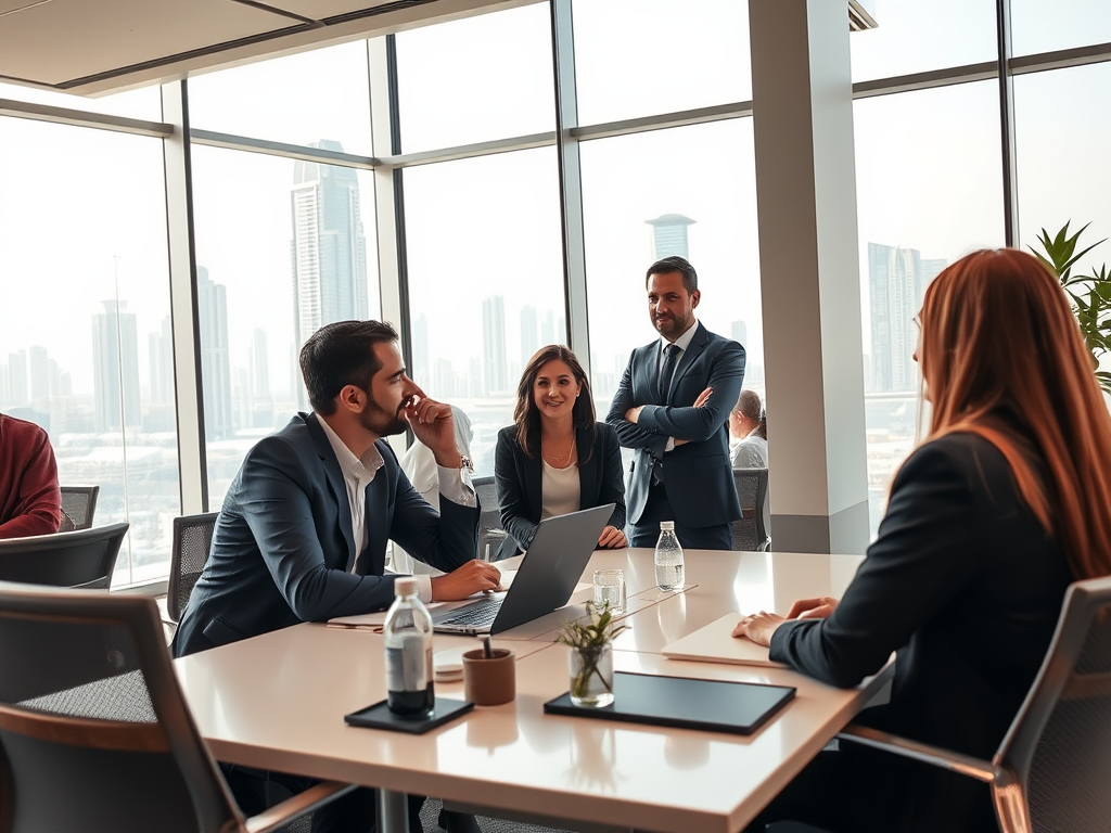 A group of professionals engage in a meeting at a modern office with a city skyline view.