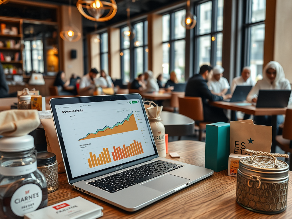 A laptop displays e-commerce metrics in a busy café with people working at tables.