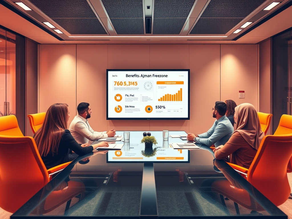 A group meeting in a modern conference room, discussing charts and data displayed on a screen.