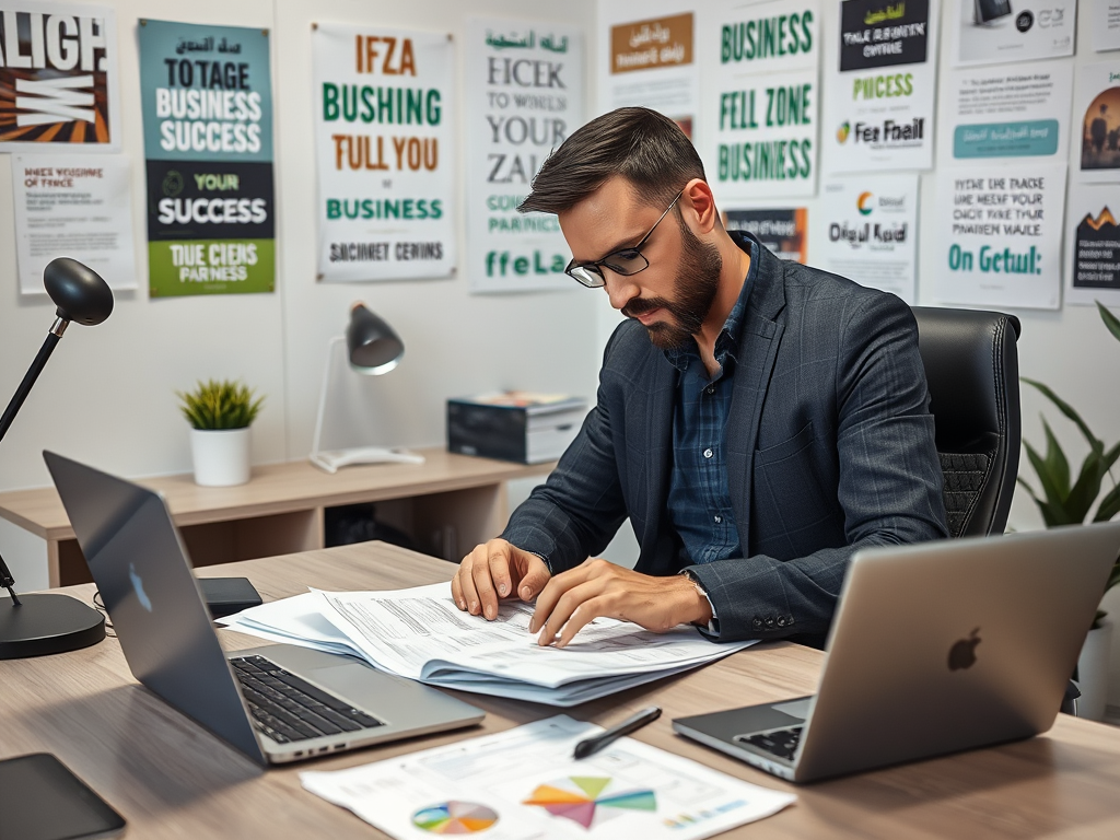 A man in a suit reviews documents at a desk with laptops, surrounded by motivational business posters.