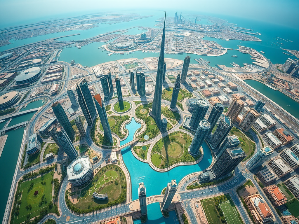 Aerial view of modern skyscrapers and green spaces near water, showcasing a vibrant urban landscape and city life.